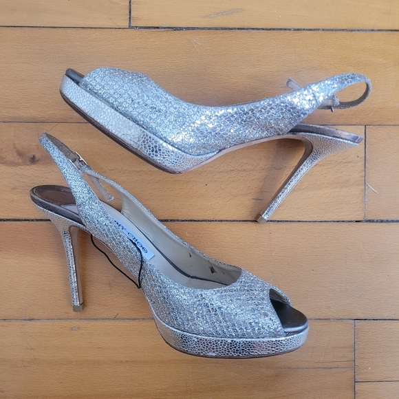 Jimmy Choo Silver Peep-Toe Slingback Heels - Picture 3 of 8
